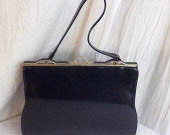 SALE Vintage 1960s Purse Navy Vinyl Top Handle Bag Town and Country