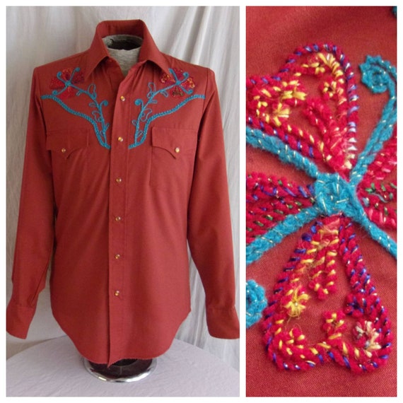 Vintage 1970s Cowboy Shirt Red Western Embroidere… - image 1