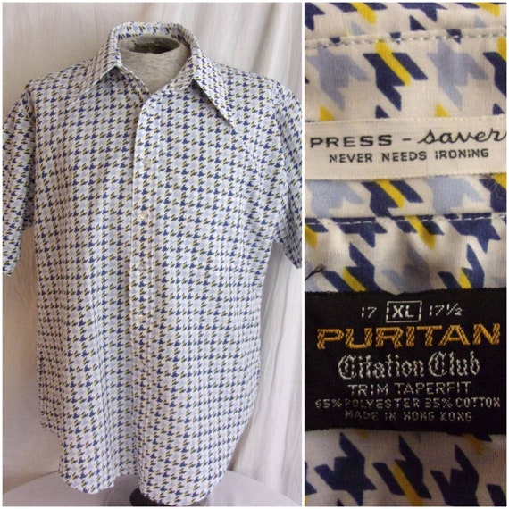 Vintage 1970s Mans Shirt Oversized Houndstooth Pr… - image 1