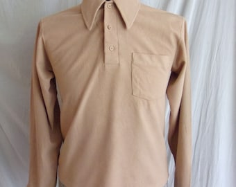 Vintage 1970s Shirt Tan Polo Pullover Ribbed Mans XS Boys XL Unisex