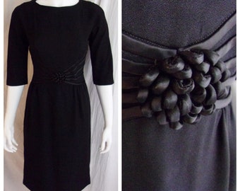 Vintage 1950s Dress Black Rayon Crepe Cocktail Wiggle Dress Satin Ribbons and Rosette Small
