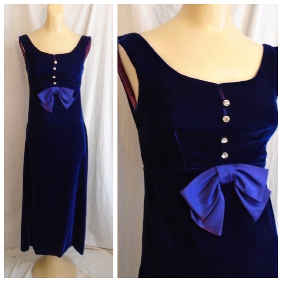 SALE Vintage 1960s Dress Blue Velvet Long Formal … - image 1