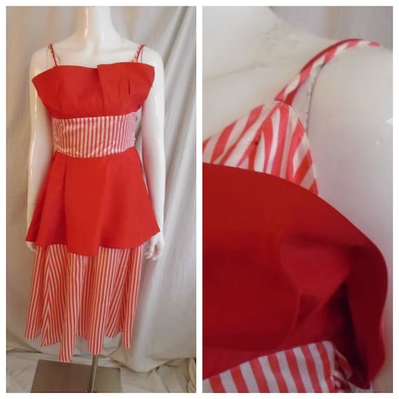 Vintage 1980s Dress Red Striped Full Skirt Party D