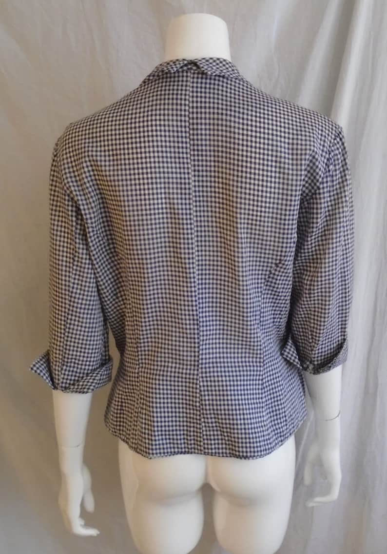 Vintage 1950s Suit Jacket Blue and White Checked Print Fitted Peplum Jacket XL