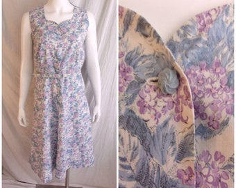 Vintage 1950s Dress Lavender and Blue Cotton Print Day Dress Medium