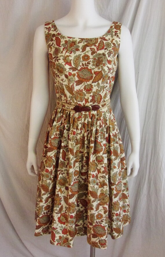 Vintage 1950s Dress Brown Red White Floral Cotton… - image 6