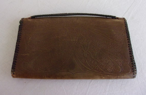 Vintage 1920s Purse Brown Leather Tooled Clutch P… - image 5