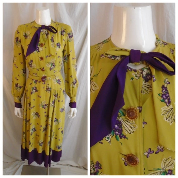 Vintage 1930s Dress Rayon Floral Print Day Dress Y
