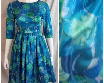 Vintage 1950s Dress Blue and Green Watercolor Print Silk Fit and Flare XS Petite