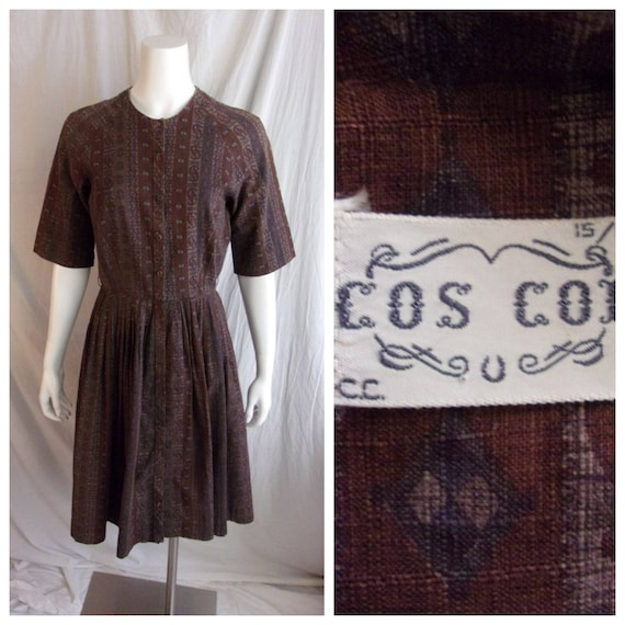 Vintage 1950s Dress Brown Paisley Print Cotton Sh… - image 1