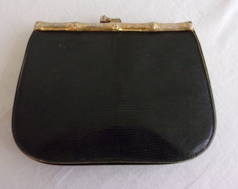 Vintage 1960s Purse Black Lizard Print  Clutch with Metal Bamboo Frame