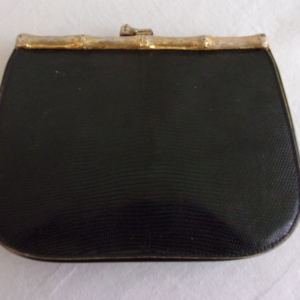 Vintage 1960s Purse Black Lizard Print  Clutch with Metal Bamboo Frame
