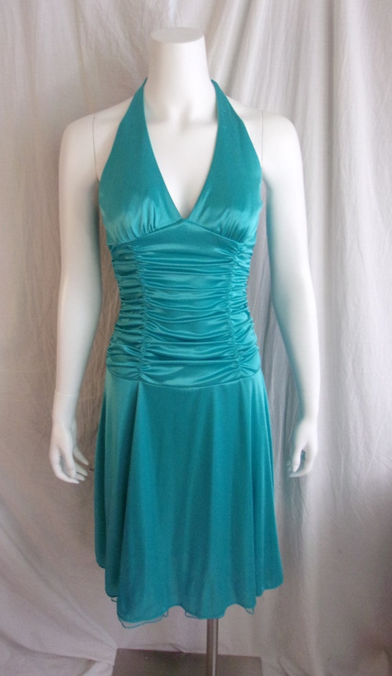 Vintage 1990s Halter Dress Turquoise Flaring Skir… - image 7