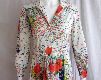 Vintage 70s Floral Maxi Dress: White Multi-Color Polyester Jersey, Medium