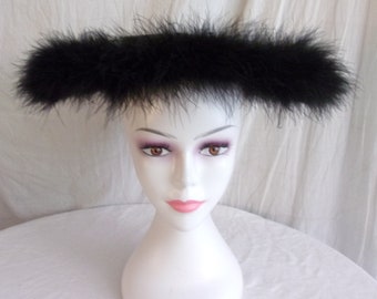 Vintage 1950s Hat Black Wide Brim Hat Covered in Feathers New Look Hat