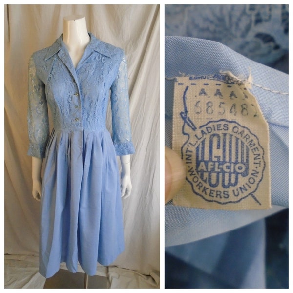 Vintage 1950s Dress Lace Bodice Full Rayon Skirt Sky Blue Deadstock NWOT Small 36 x 26 x full