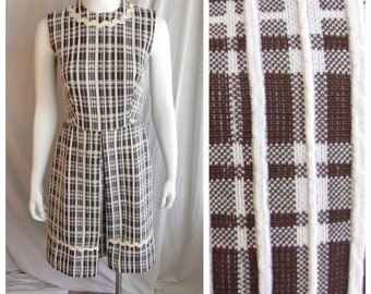 Vintage 1960s Dress Brown and White Plaid Summer Day Dress Mod Medium 38 x 28 x up to 46