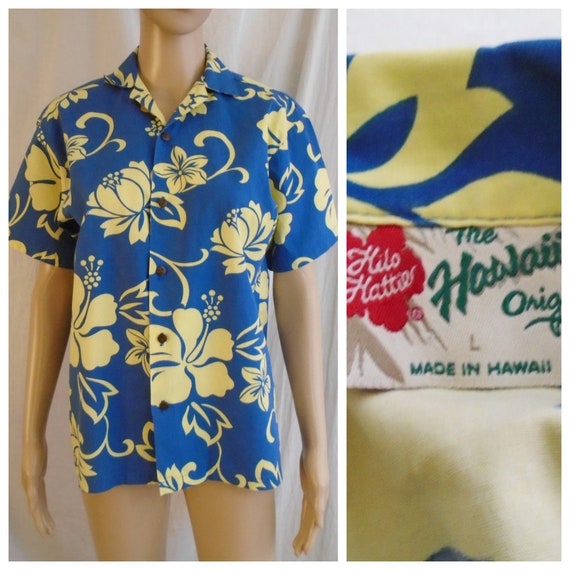 Vintage 1980s Mans Shirt Hawaiian Shirt Blue Yello