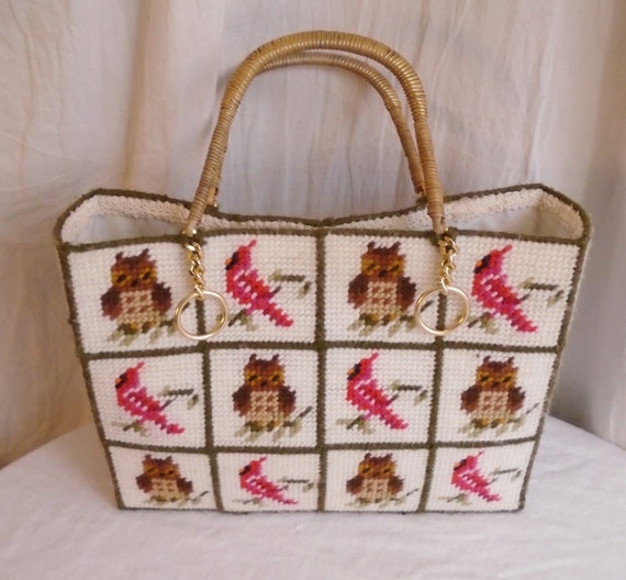 Vintage 1960s Purse Large Needlepoint Tote with O… - image 1