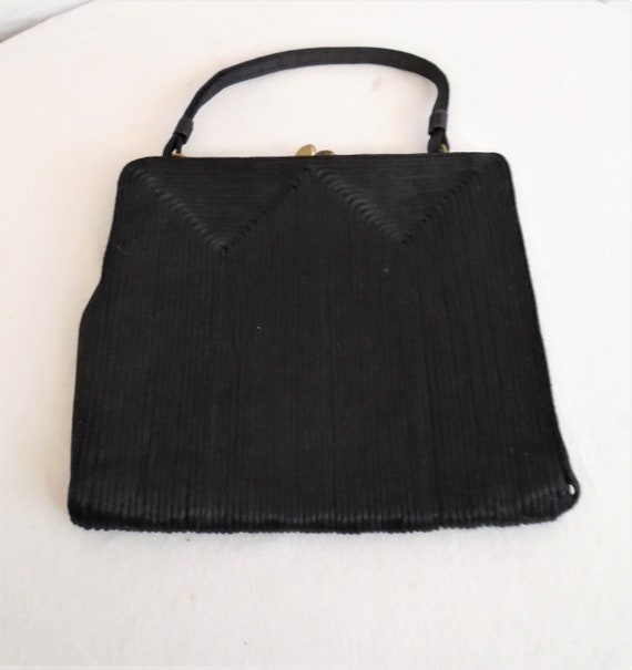 Vintage 1940s Purse Black Satin Corde Top Handle … - image 2