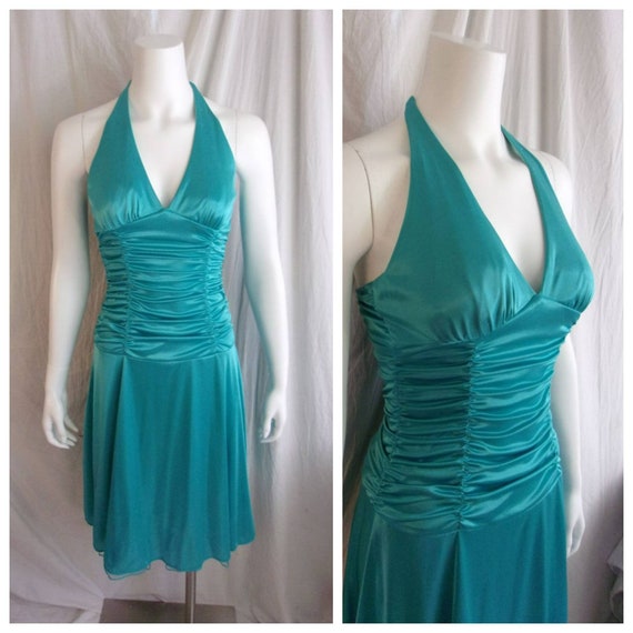 Vintage 1990s Halter Dress Turquoise Flaring Skir… - image 1