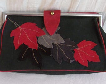 Vintage 1940s Purse Large Suede Frame Clutch with Appliqued Leaves