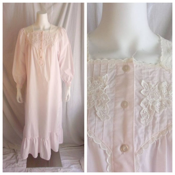 Vintage 1980s Nightgown Pink Cotton with Lace Victorian Style Large