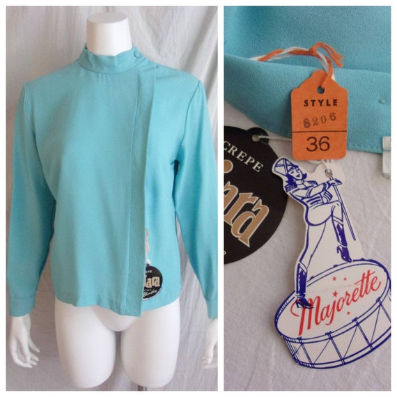 Vintage 1960s Blouse Turquoise Crepe High Neck NWT