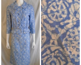 Vintage 1950s Suit Blue and White Batik Print Cotton Peplum Suit Spring Easter