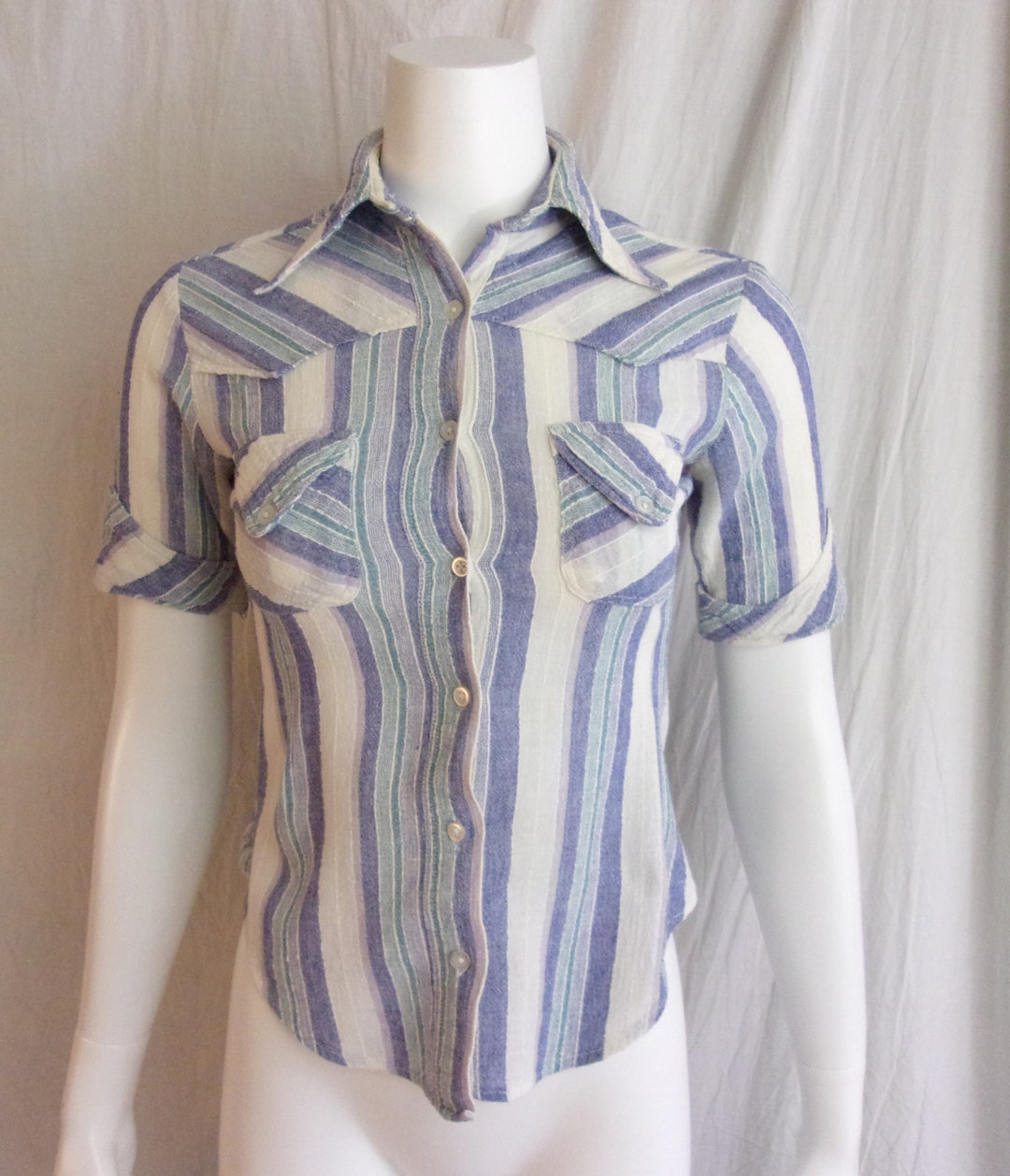 トップス GAUZEJERSEYDOUBLESLEEVETOPFUMIKAUCHIDA Vintage 1970s Top Gauze Button Down Blue White Stripes XS - Etsy