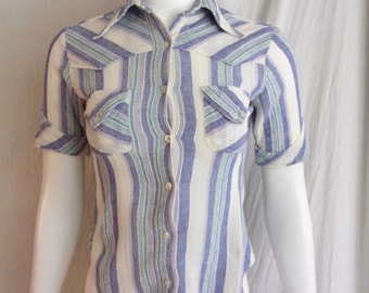Vintage jaren 1970 top gaas button-down blauw witte strepen XS