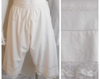 Vintage 1910s White Cotton Bloomers with Lace Trim Side Button Small