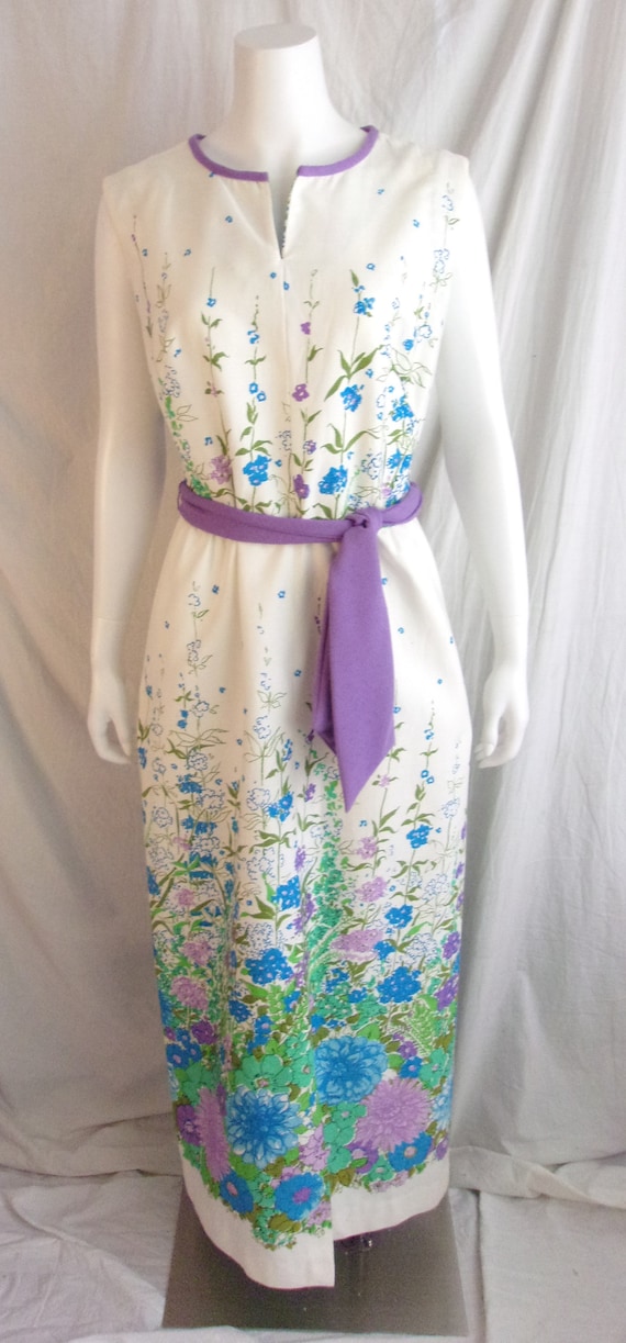 Vintage 1960s Maxi Dress Nelly Don Floral Border Print Medium 40 x 30 x 40