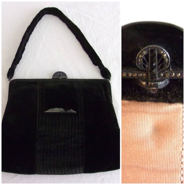 Vintage 1930s Purse Black Velvet with Marcasites on Clasp and Trim Art Deco