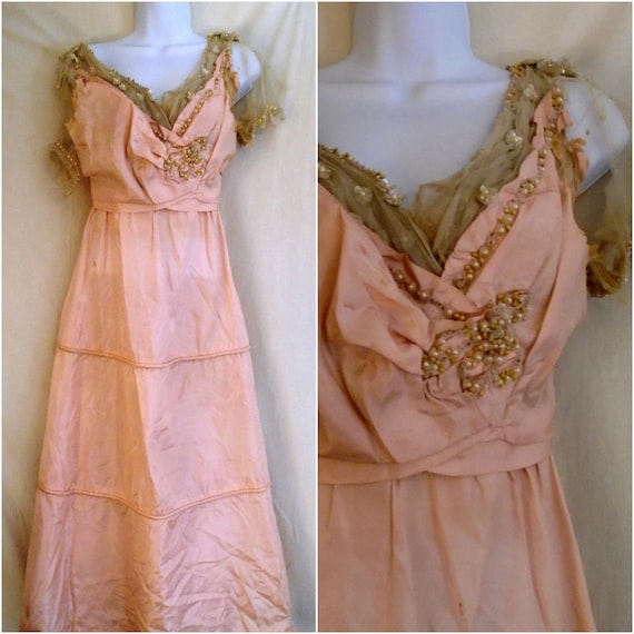 1910s Vintage Dress Pink Silk and Net Party Dress