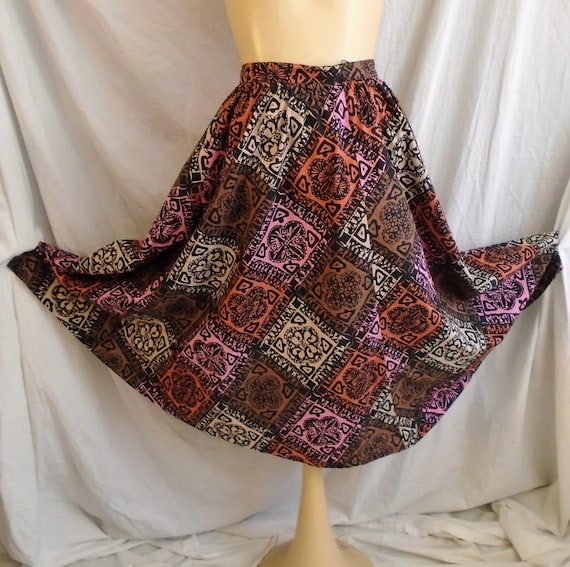 Vintage 1950s Skirt Cotton Block Print Full Skirt… - image 1