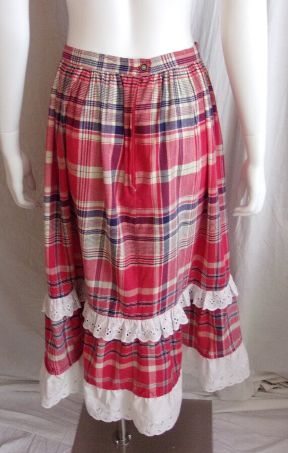 Vintage 1970s Maxi Skirt Plaid Cotton With Eyelet… - image 7