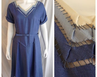 Vintage 1950s Dress Blue Linen Day Dress Three Tone Trim Fit and Flare Large 42 x 32 x 46