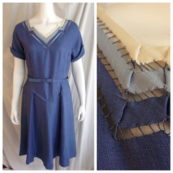 Vintage 1950s Dress Blue Linen Day Dress Three Tone Trim Fit and Flare Large 42 x 32 x 46