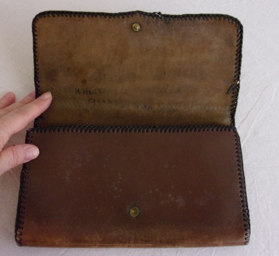 Vintage 1920s Purse Brown Leather Tooled Clutch P… - image 4