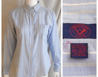 Vintage 1980s Blouse Blue and White Pin Striped Button Down Preppy Career Blouse Medium