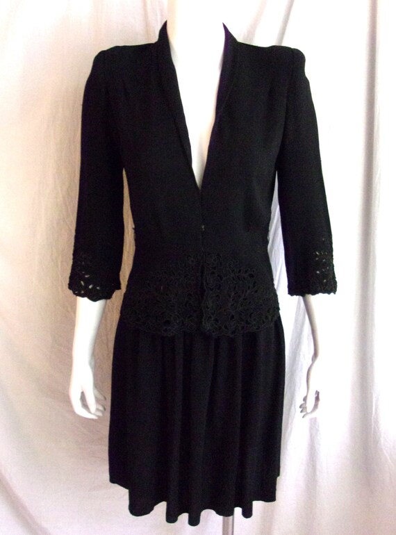 Vintage 1940s Dress Black Rayon Crepe with Eyelet… - image 3