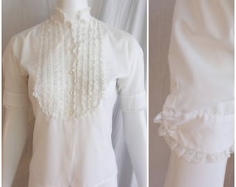 Vintage 1950s Blouse White Cotton Button Down Lace Bib Front Medium 38 bust