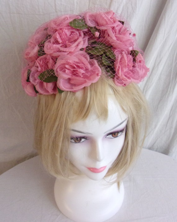Vintage 1960s Hat Pink Roses Tall Dome Hat Doris D