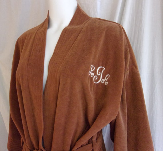 Vintage 1970s Mans Velour Robe Warm Brown with Mo… - image 5