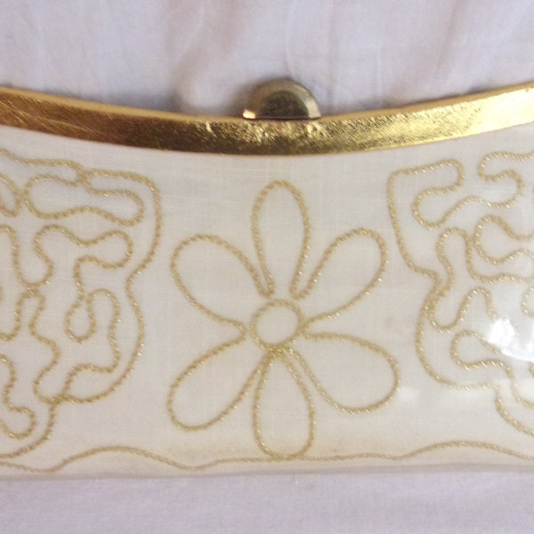 Vintage 1950s Clutch Purse White and Gold Embroidered Clutch