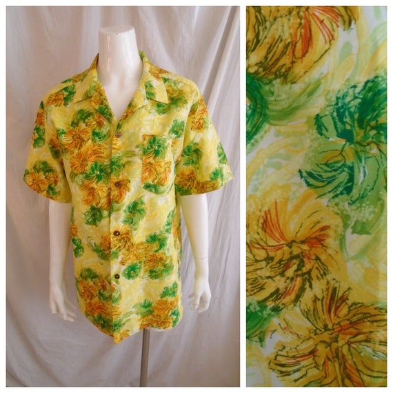 Vintage 1960s Hawaiian Shirt Cotton Floral Print Aloha Shirt Royal  