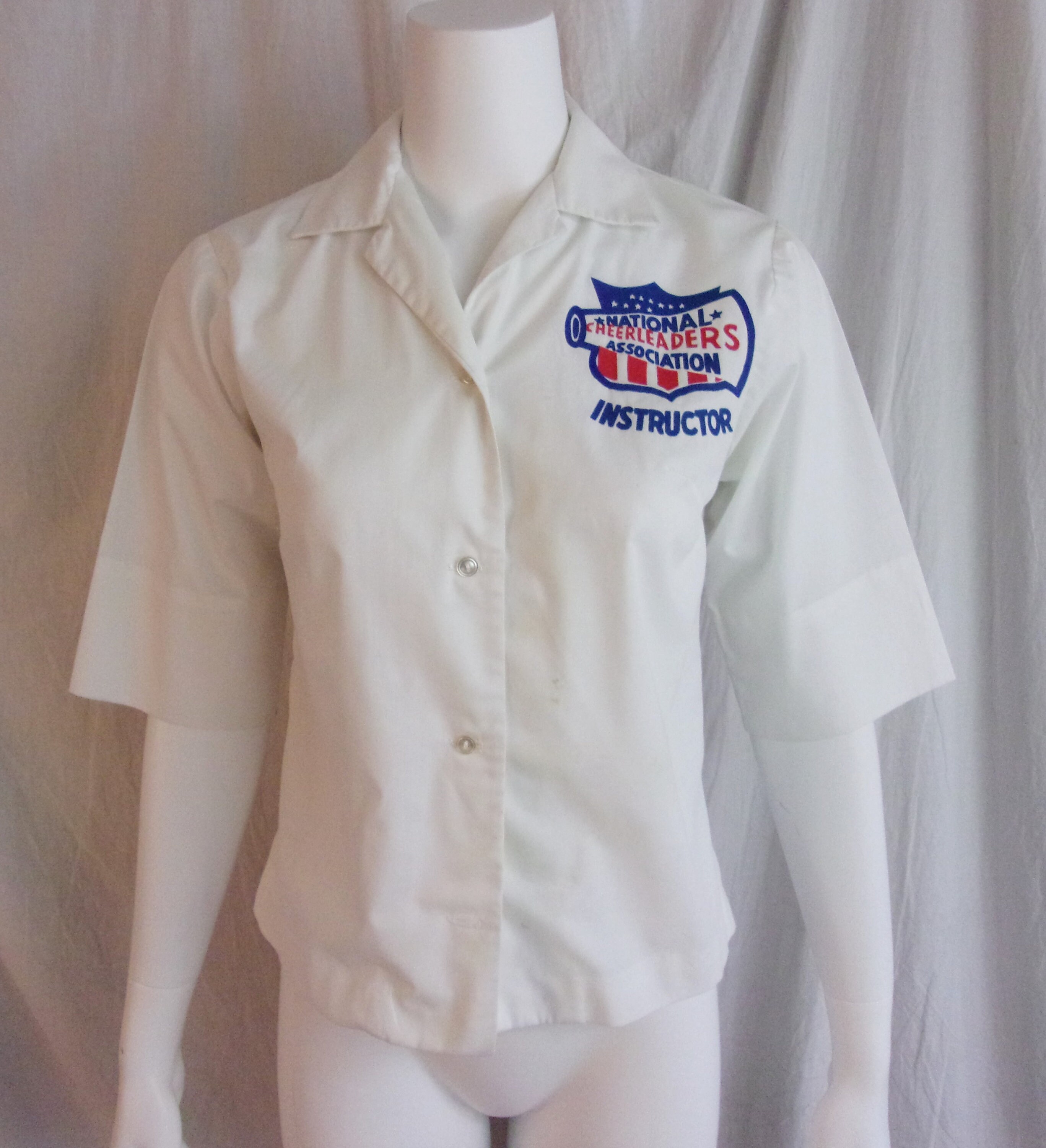 Vintage 1960s Blouse Cheerleader Instructor Patch White with Red and Blue Small
