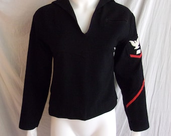 Vintage 1940s Middy Top Mans Wool Navy Issue Uniform Shirt with Insignia Small