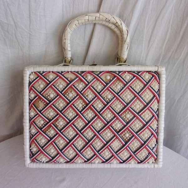 Vintage 1960s Wicker Purse Large Box Purse White Red and Blue